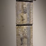 William Cricket Ulrich The Tie that Binds (2009) Mixed media assemblage: newspaper, leather strips, leather belts, and acrylic paint on manipulated & frayed canvas; curtain rod, rope 75" x 26"