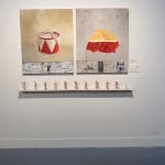 Valerie Jacobs Untitled (Tin Drum, Cherry Pie & Installation) 2005 Oil on canvas, flies, figures, paper & shelf overall 47” x 64”