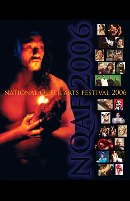 Long curly haired person with no shirt holding a fiery rock small grid of portraits featuring LGBTQ artists text says National Queer Arts Festival 2006 NQAF 2006