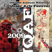 Collage of textures fabric and materials with text that says queer cultural center presents the 12th annual national queer arts festival 2009 NQAF