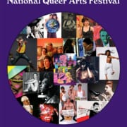 Large circle with collage of portraits inside featuring LGBTQ artists text says queer cultural center presents The 14th Annual National Queer Arts Festival NQAF 2011 QCC