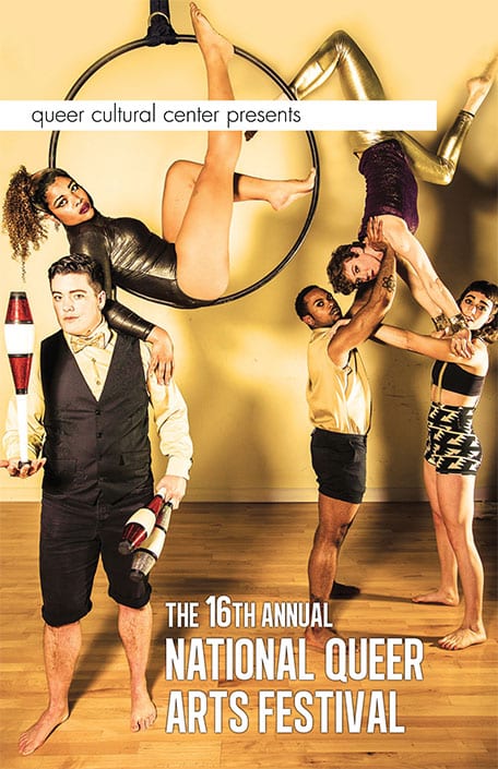 Group of queer circus performers acrobatically posed
