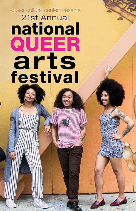 Three brown people with afros posing on a sidewalk. Text says 21st annual national queer arts festival