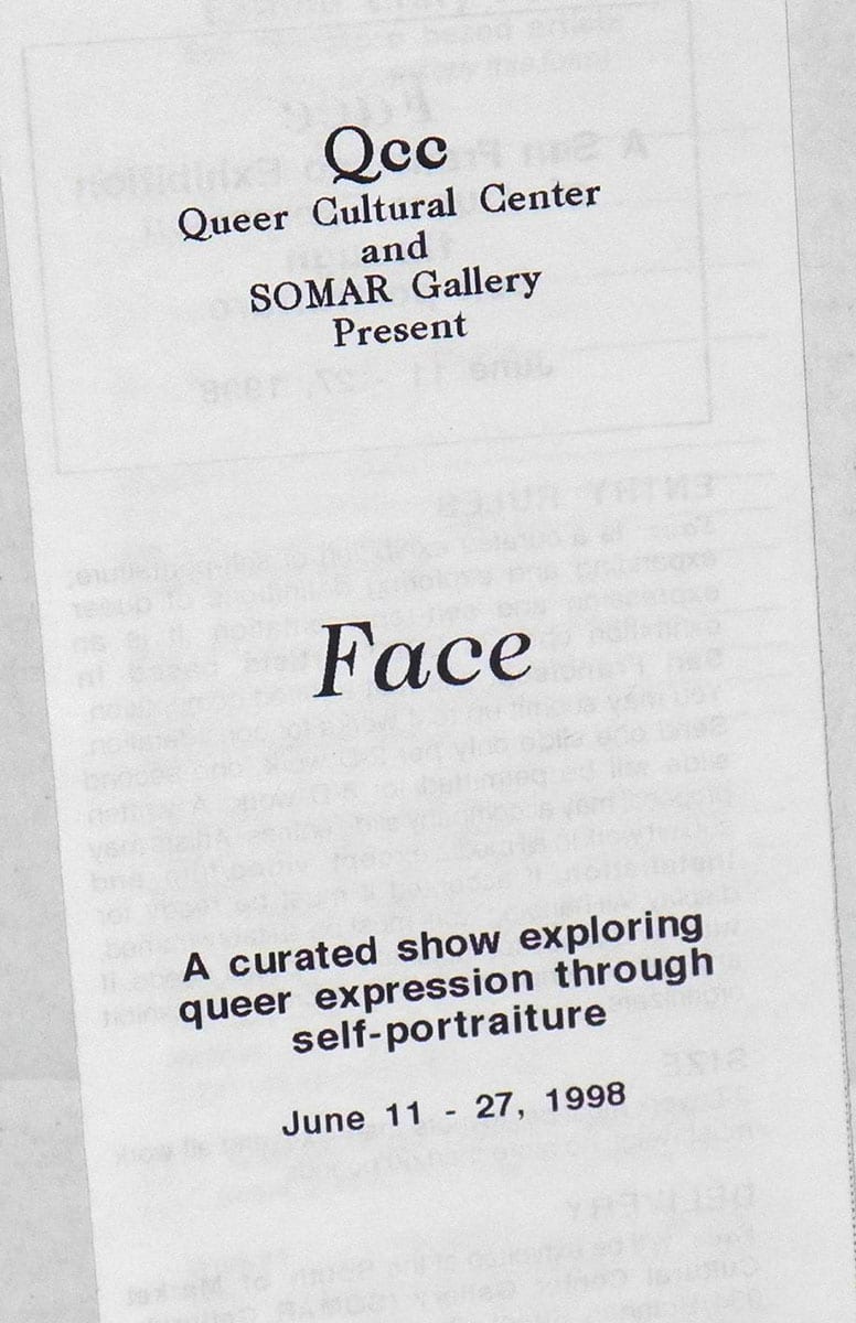 Photograph of brochure that says Face A curated show exploring queer expression through self-portraiture