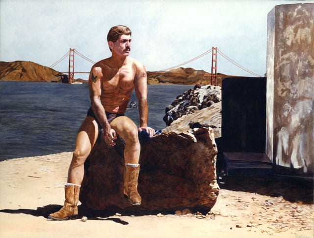 painting of gay man sitting on a rock at lands end