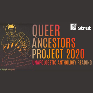 Line drawing Illustration of curvy person with short curly hair and large palm leaf text says Queer Ancestors Project 2020 Unapologetic anthology reading